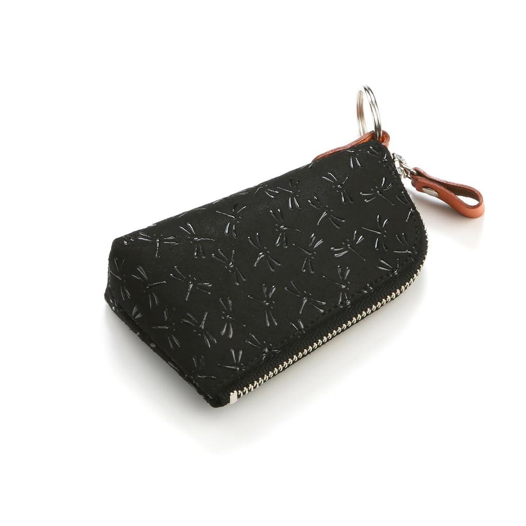 Inden HISOCA Hisoka Traditional Craft Koshu Inden Deerskin Lacquer Original Brand Key Case Black with Black Lacquer Dragonfly Design [Inden-ya]
