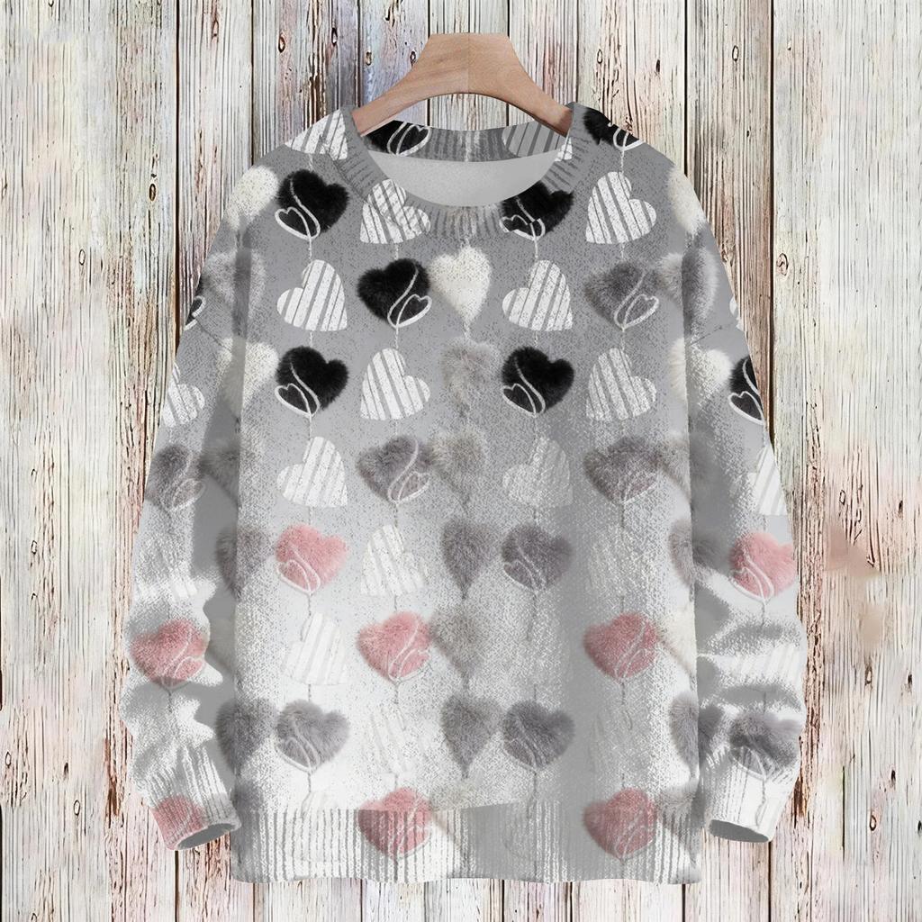 Women's Fashion Casual Long,Sleeve Valentine's Day Round,Neck Knit Pullover Top