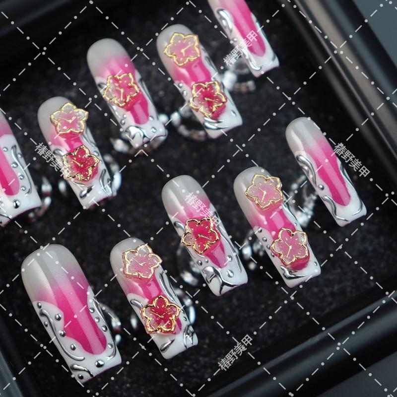 Press-On Nails With Floral Pink-to-White Gradient Chinese Style Acrylic False Women