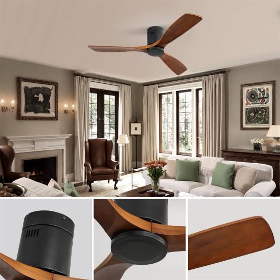 Ventilador de Teto de Perfil Baixo de 52 Polegadas Corrente Contínua 3 Pás de Madeira Esculpida Motor Reversível Silencioso Controle Remoto Sem Luz