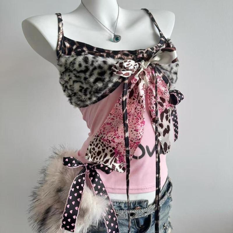 TrendHub American Harajuku Hottie Camisole Subculture Leopard Patchwork Bow Halter Vest Y2K Aesthetic Letter Print Tanks Women's Slim Top