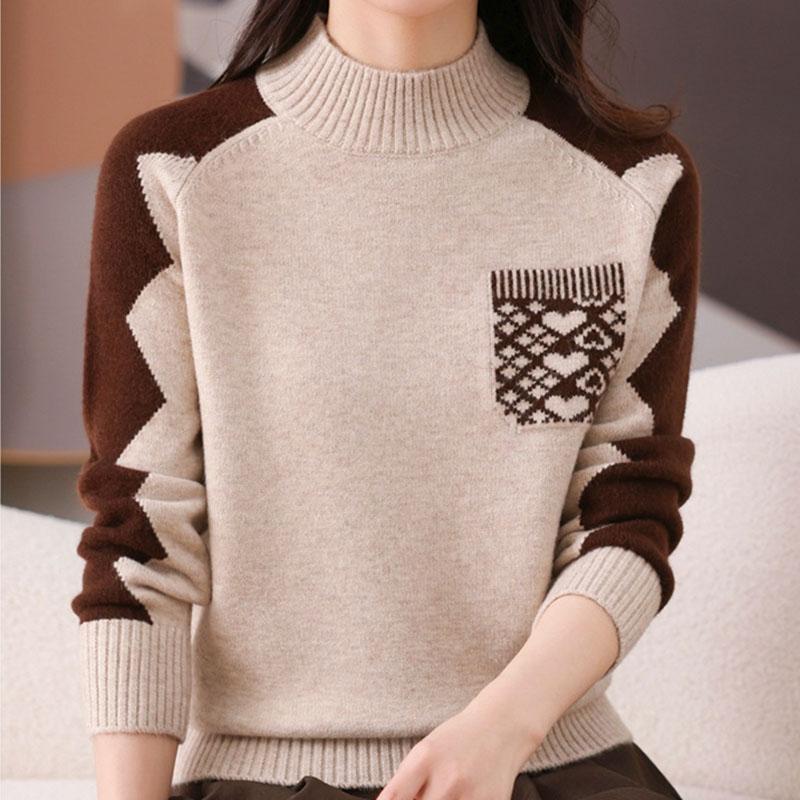 Women's Printed Sweater Autumn Winter Thick Soft Mock Turtleneck Sweater Color Block Loose Knit Pullover Top
