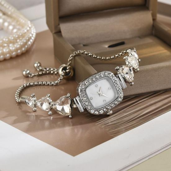 Women Rhinestone Bracelet Watch Small Square Dial Analog Quartz Wrist Watch Love Heart Chain Ladies Dress Watch with Adjustable