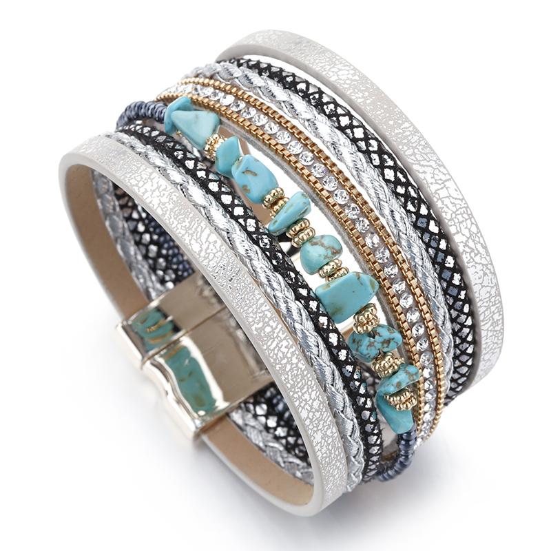 Natural Stone Leather Bracelet for Women Charm Retro Multilayer Crystal Snake Skin Wide Bracelets & Bangles Jewelry Gifts