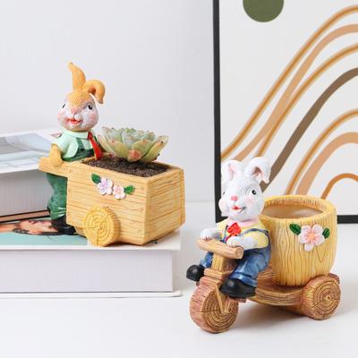 Osterhase fährt Dreiradwagen Harz Sukkulenten-Blumentopf Balkon Schreibtisch Lesen Heimdekoration