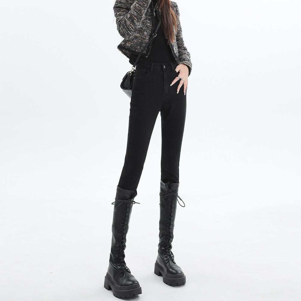 Personalized high-waisted elastic small-footed jeans for women's 2025 new velvet slim-fitting and thin pencil pants