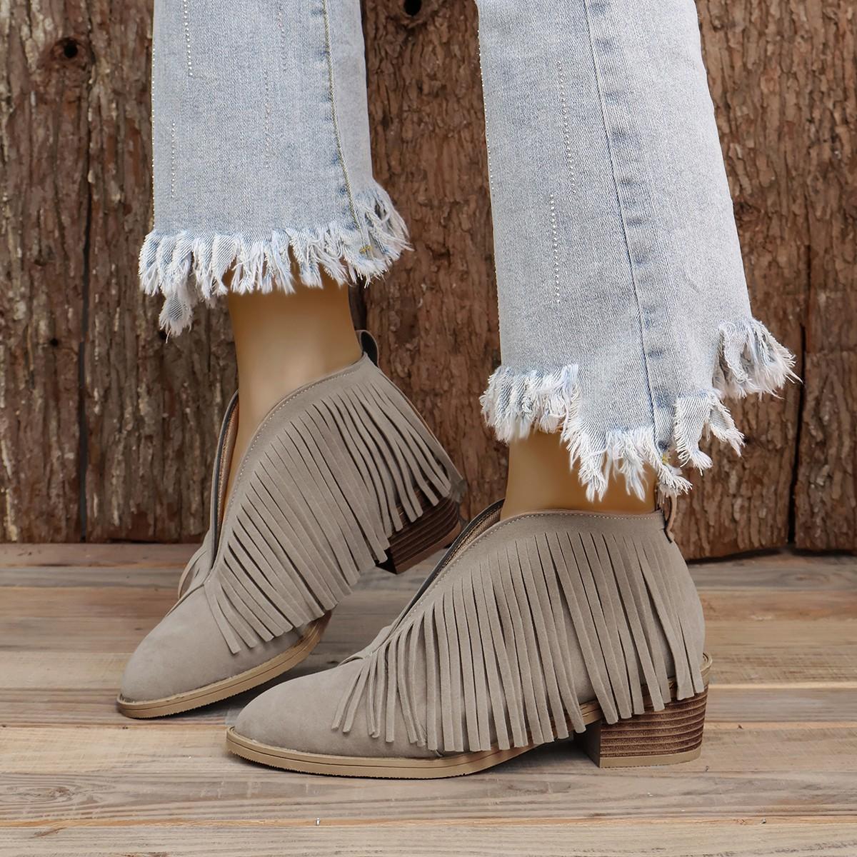 

Женские туфли европейского и американского производства с кисточками и неглубоким носком 2024 года, осенние ботинки на среднем каблуке с острым носком и неглубоким носком 43 хаки