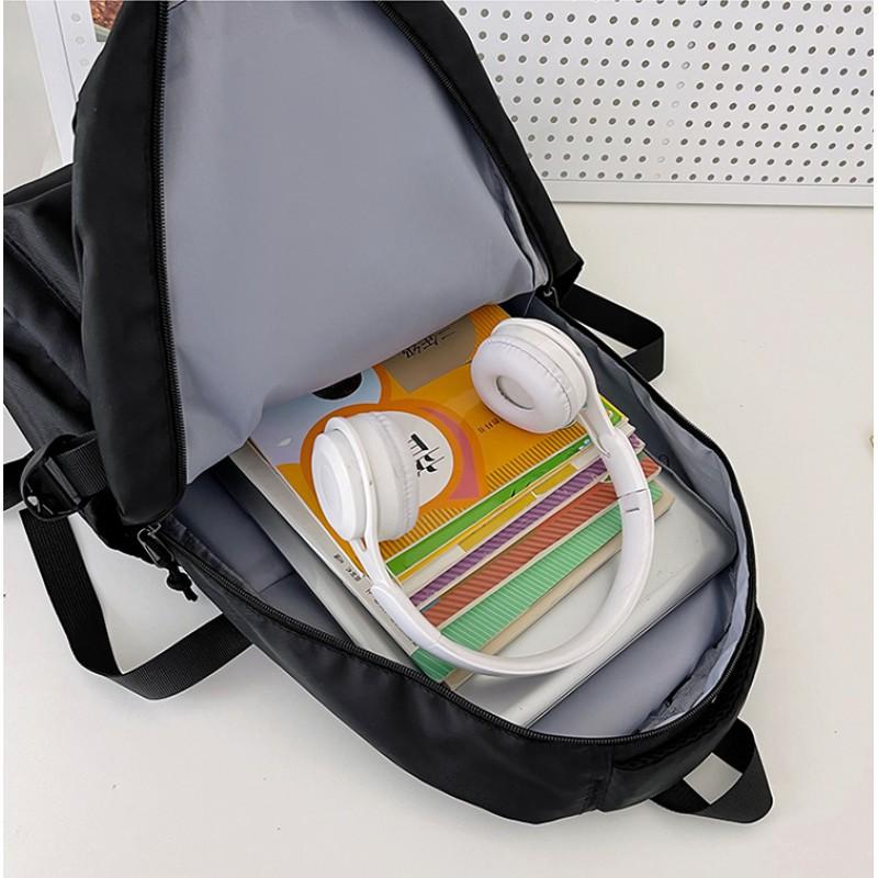 Trendy Cool Pure Black Schoolbag Men's 2024 New College Student Backpack Women's Multi-pocket Large-capacity Casual