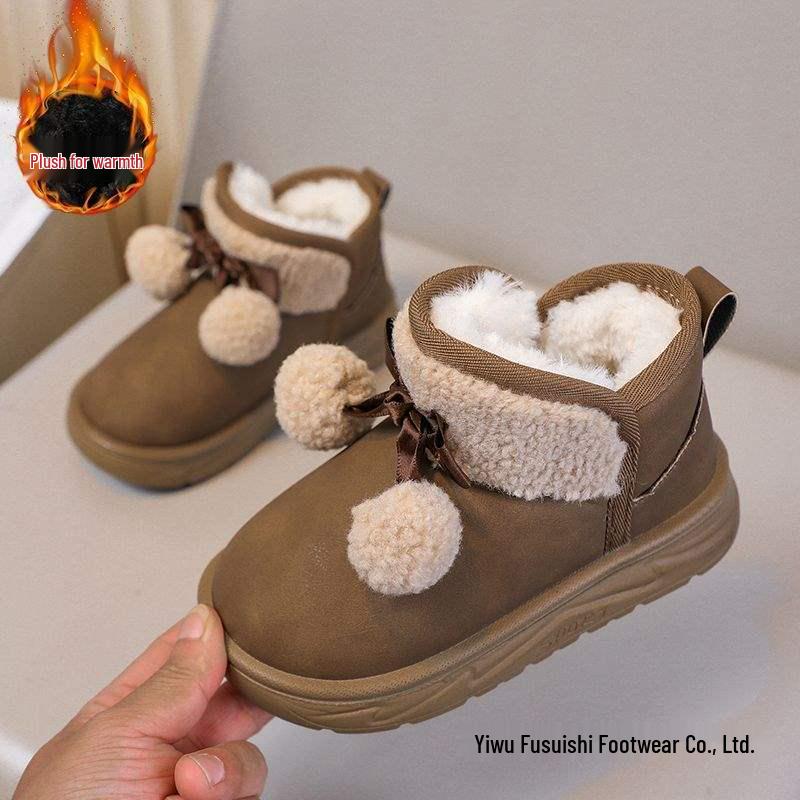 Four Seasons Girls' Velvet Snow Boots with Fur Ball Bows and Non-slip Sole.