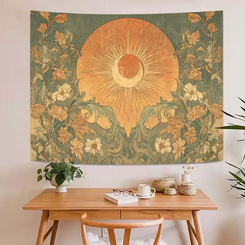 2D Art Nouveau Floral Tapestry Boho Sun Moon Home Background Decor