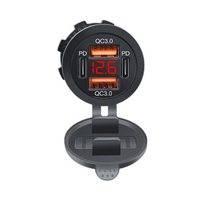 USB Charging Socket 12V-24V USB Power Outlet Double QC3.0+Double PD Type-C Outlet with Caps Voltmeter USB Port for Car