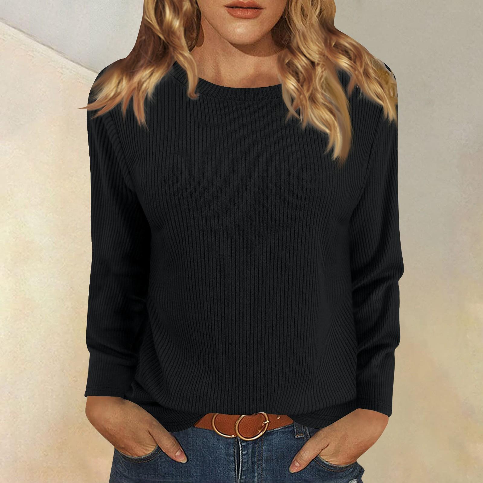 

Топы с длинным рукавом для женщин, футболка, повседневные однотонные топы, футболка, круглый вырез, пуловер, блузка S чёрный