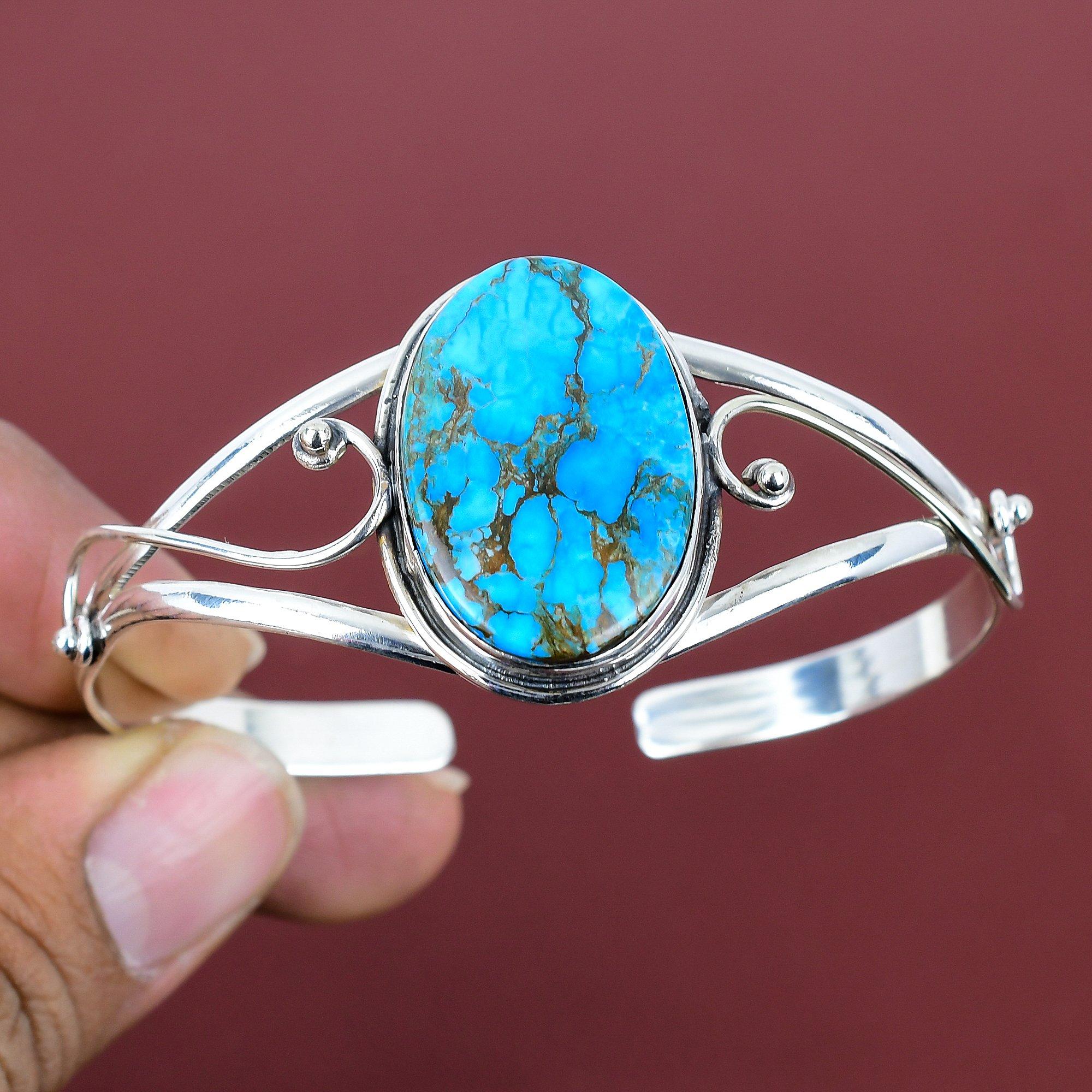 Tibetan turquoise cuff bracelet gemstone handmade bangle 925 sterling silver bangle adjustable cuff bracelet brand new jewelry wedding gifts Adjustable