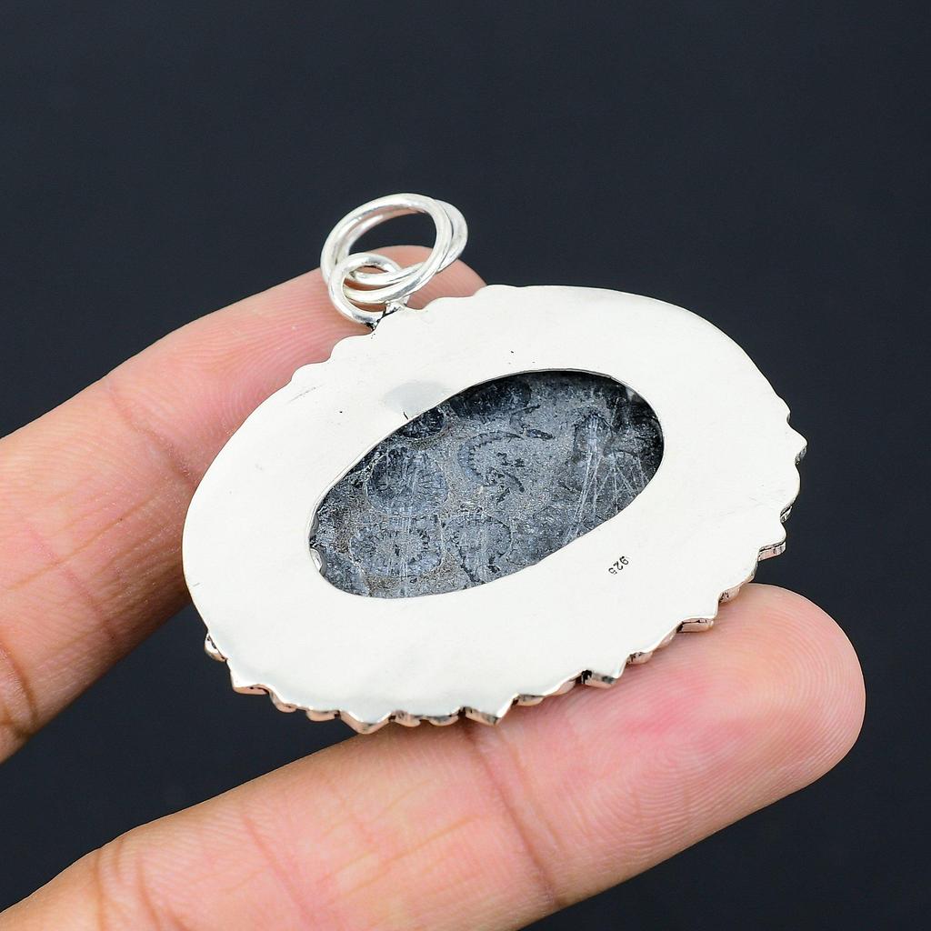 925 Sterling Silver Oval Root Chakra Black Fossil Coral Gemstone Mother Pendant