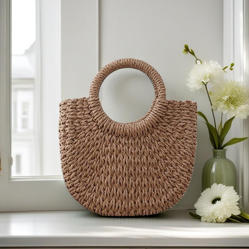 Small round bucket crossbody straw bag Yuan bucket paper rope handwoven bag lace handheld straw bag beach bag