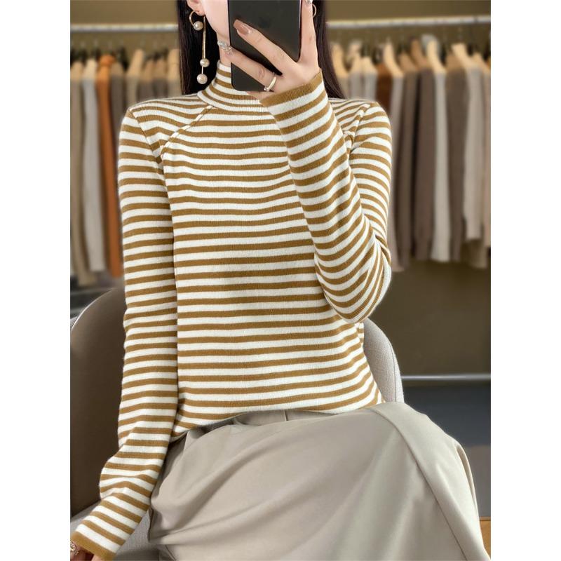Autumn and Winter Women's Knitted Sweater New Semi-turtleneck Striped Bottoming Shirt with A Thin Long-sleeved Sweater