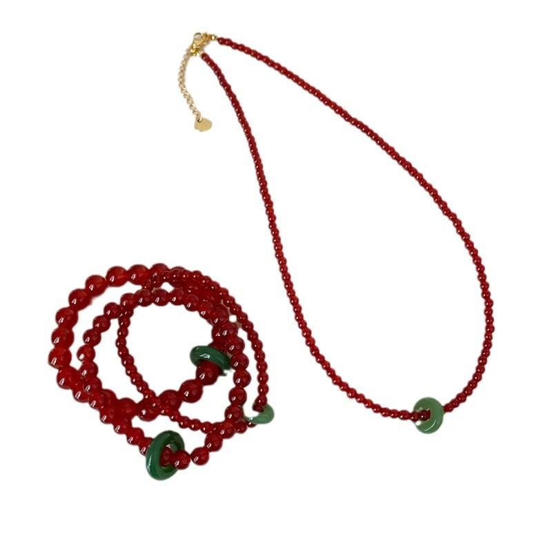 New Chinese Style Red Beaded Green Running Ring Elastic Rope Bracelet Necklace Women'S Light Luxury Fashion Versatile Bracelet Jewelry