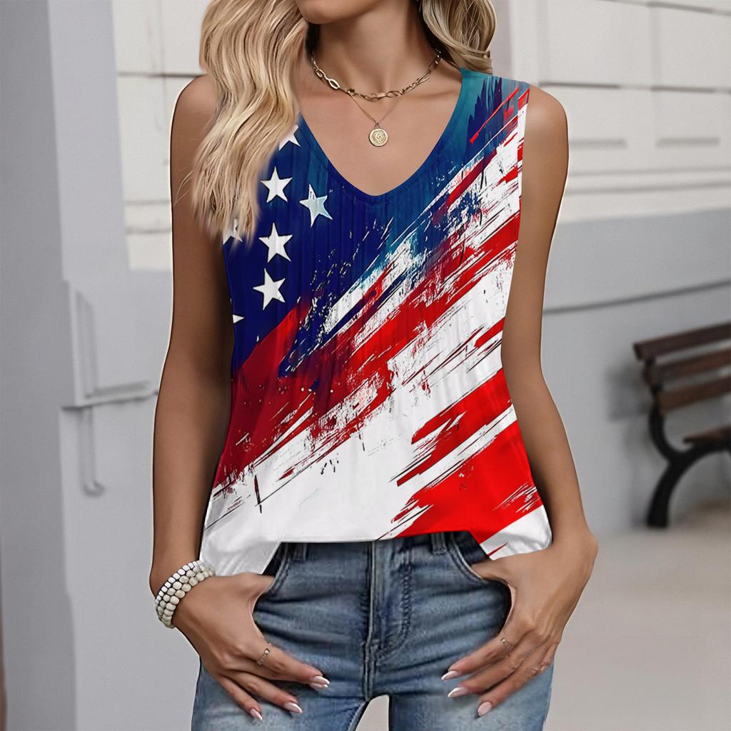 Women's Fashion Casual American Independence Day Flag and Stars Print V-neck Ruffled Sleeveless Vest T-shirt Top