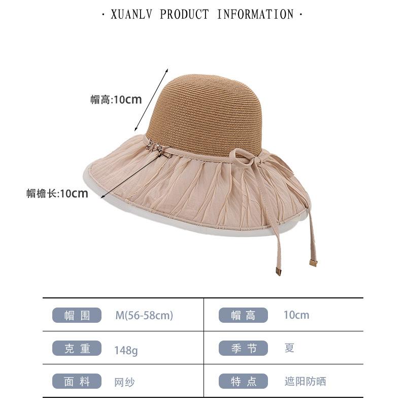Summer new pleated bow light luxury temperament mesh gauze hat women's outdoor travel versatile big eaves fisherman hat