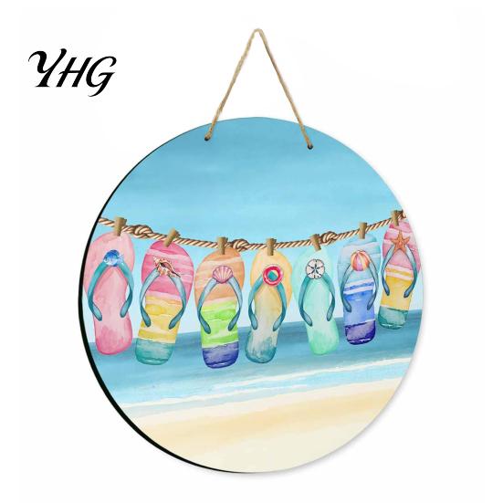 Holiday House Ornament Round Wooden Door Hanger, Watercolor Beach Welcome Sign, Hello Sunshine Decorative Sign Please Wall Plaque for Summer