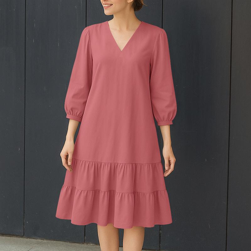 ZANZEA Women Casual V-Neck Solid Color 3/4 Sleeve Loose Dress