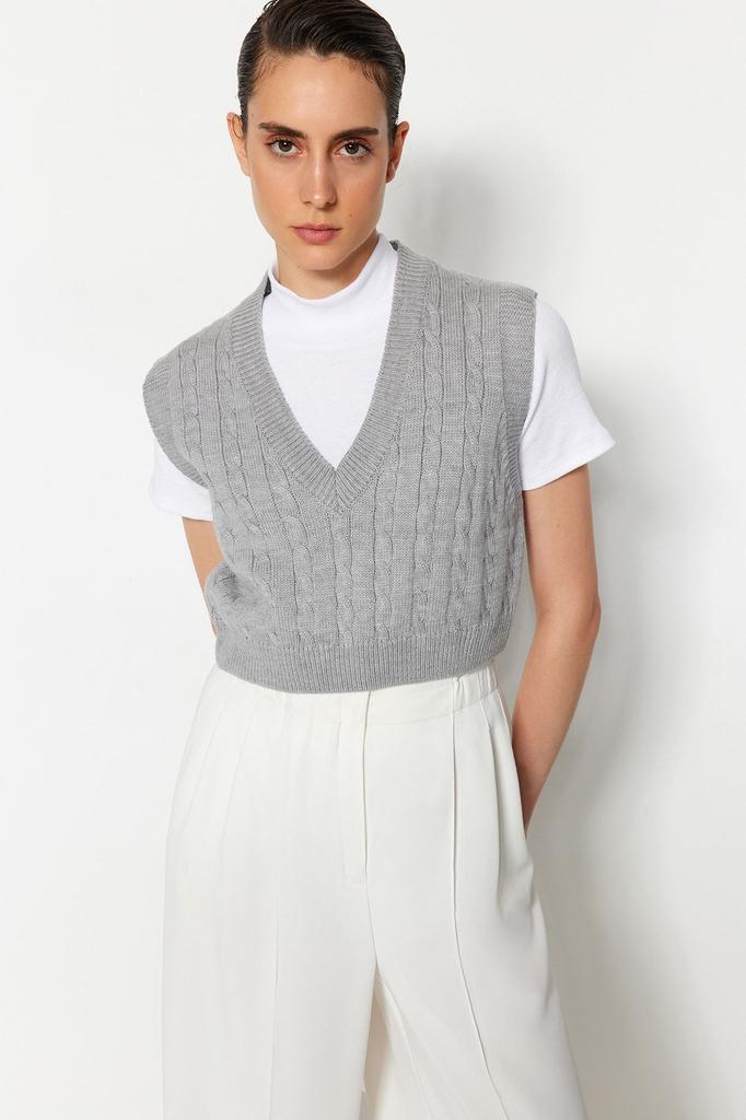 Women's Fashion Stylish Sweater Stone Crop V-Neck Knitwear Sweater