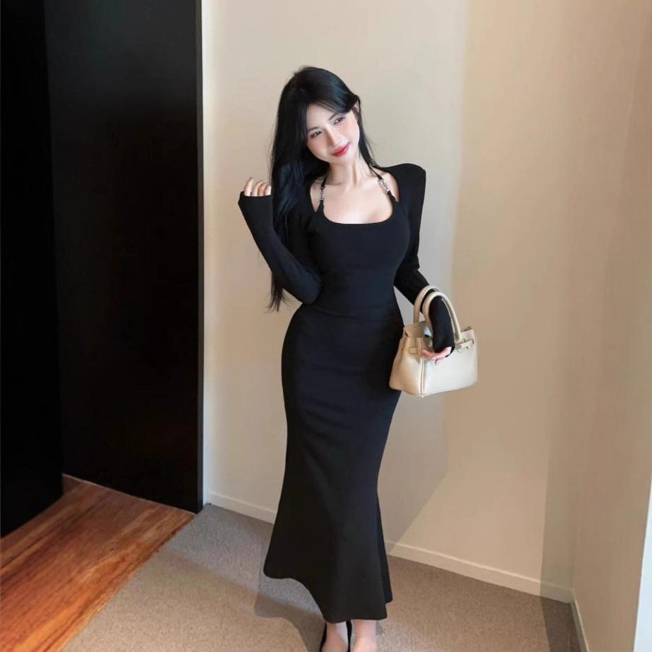 

French neck long-sleeved dress women s autumn temperament pure desire sexy hot girl waist slim hip fish tail long skirt S чёрный