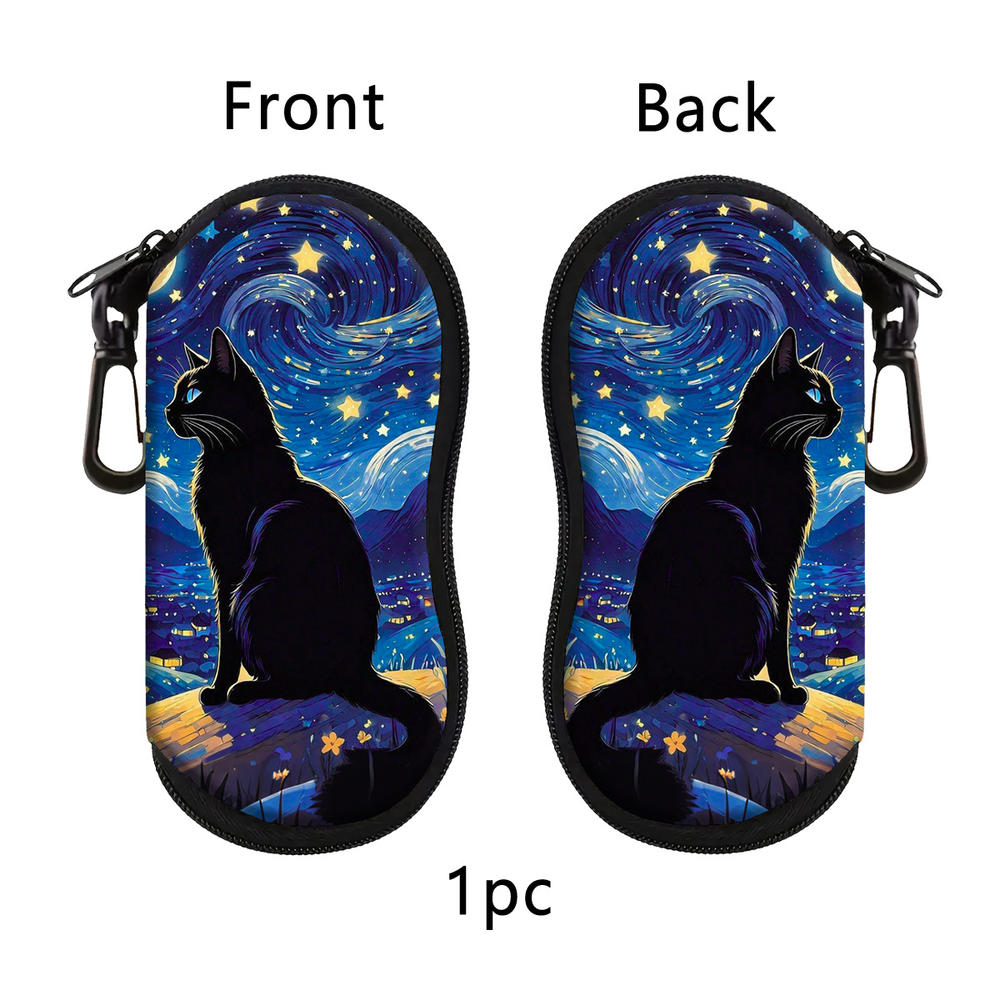 New Black Cat Art Eyewear Cases Men Women PU Leather Sunglasses Box with Zipper Portable Travel Eyeglass Storage Cases