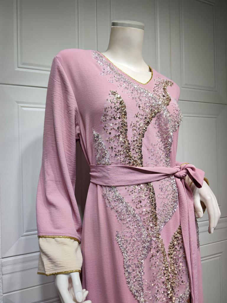 AB330 Sequin Embroidered Abaya: Elegant Middle Eastern Women's Home Leisure Wear