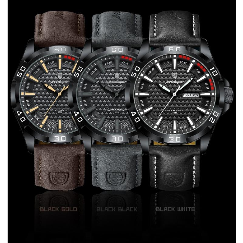 POEDAGAR Original Man Wristwatch Top Luxury Waterproof Luminous Date Week Watch for Men Quartz Sport Leather Watches Reloj