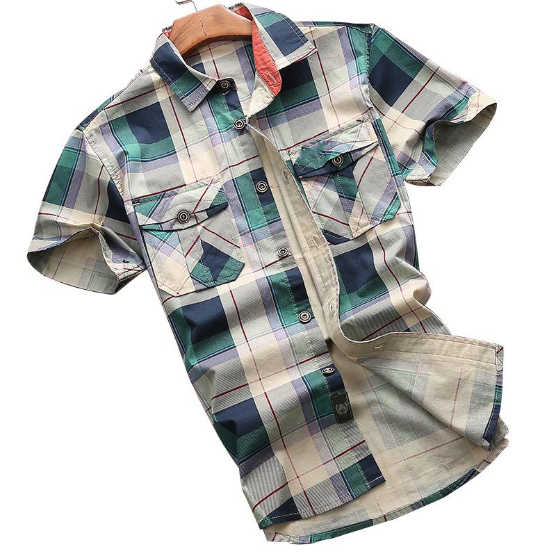 

Летняя мужская рубашка с коротким рукавом, хлопковая деловая повседневная клетчатая дышащая футболка с короткими рукавами, впитывающая пот 4XL зелёный