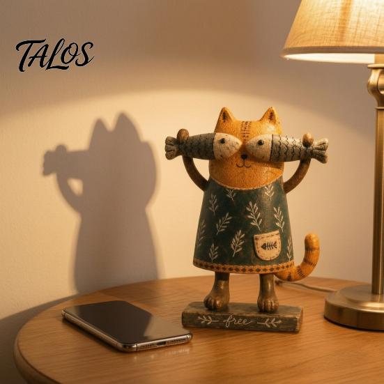 Retro Handmålad Hartsfigur Rustik BondgårdsKatt med Fisk, Håller Fiskstaty, Vintage Liten Hyllstaty för Vardagsrumsbordsdekoration
