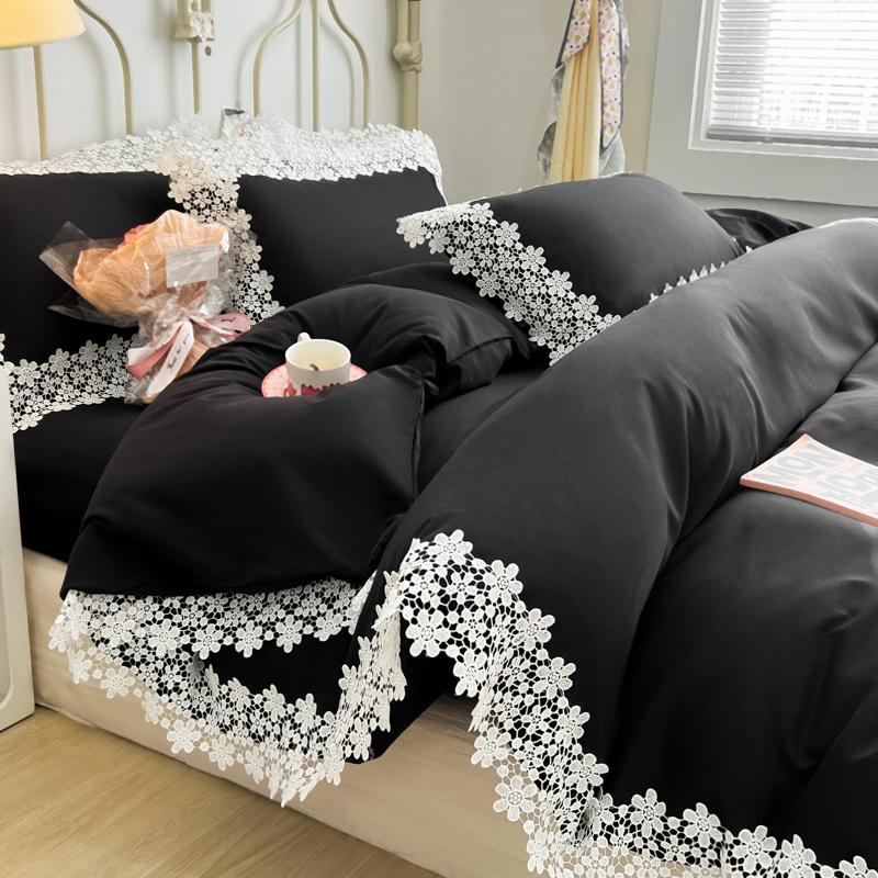 Solid Color Bedding Set with Lace Edge Princess Style Pink Bed Cover Set Queen/King Bed Sheet Sets for Girls Double Bedding Sets