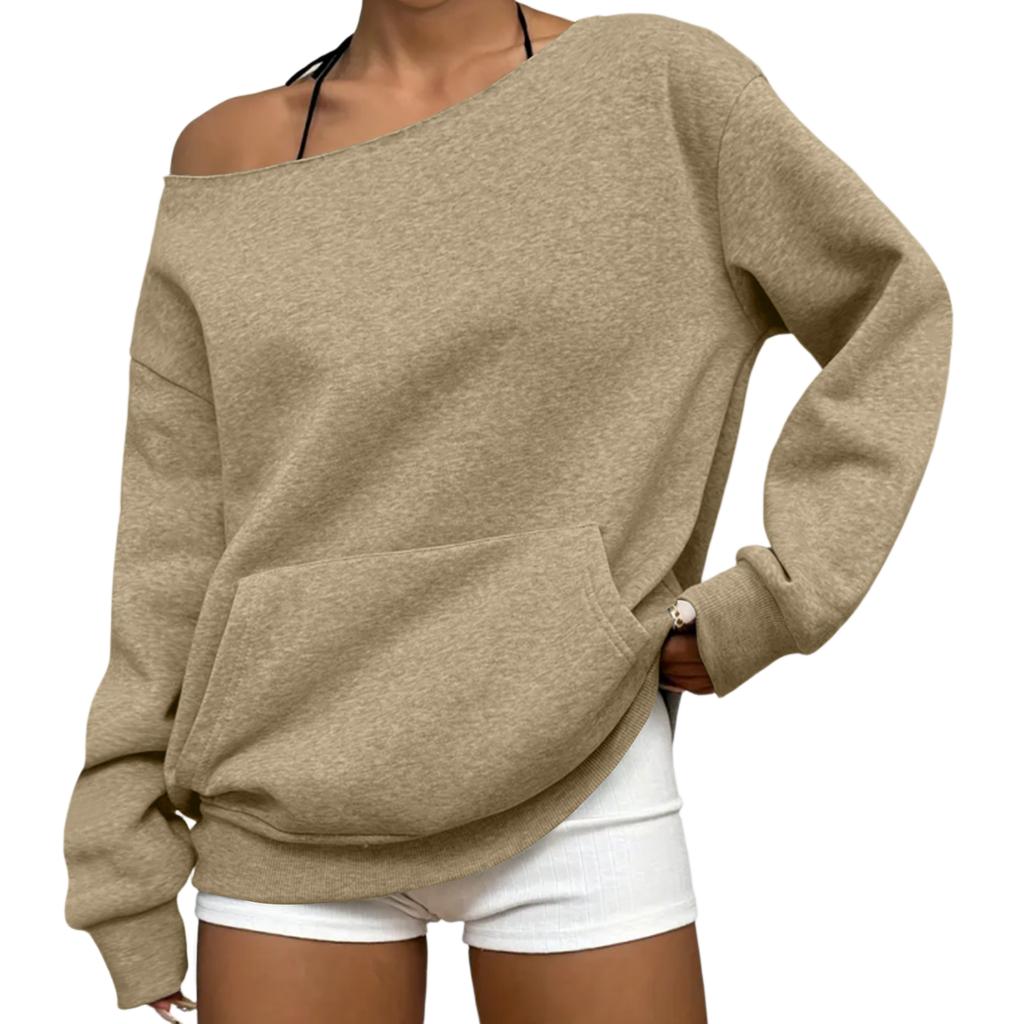 Women's Casual Fashion Solid Color Off-shoulder Long-sleeved Loose Sweatshirt With Pockets