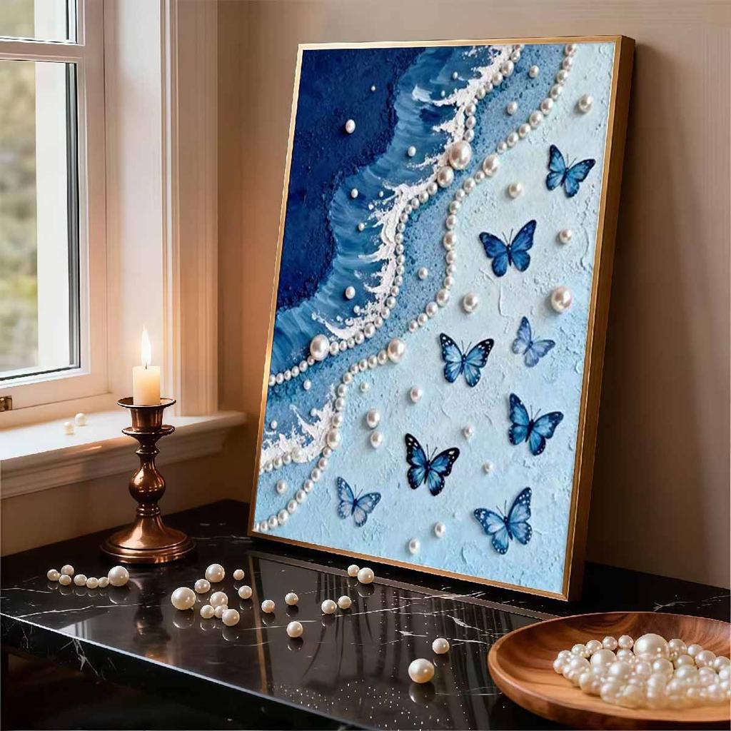 Crystal Pearl Painting 5D DIY Frame Decoration Painting Blue Coast Home Wall Decoration Transparent Pearl Gemstone Painting Picture Art Crafts
