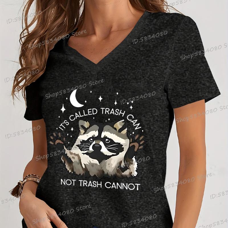 Fashion Cute Raccoon Tshirts Its Called Trash Can Funny Animal Tees New VNeck Ladies Tops Vintage Raccoon Womens Clothing