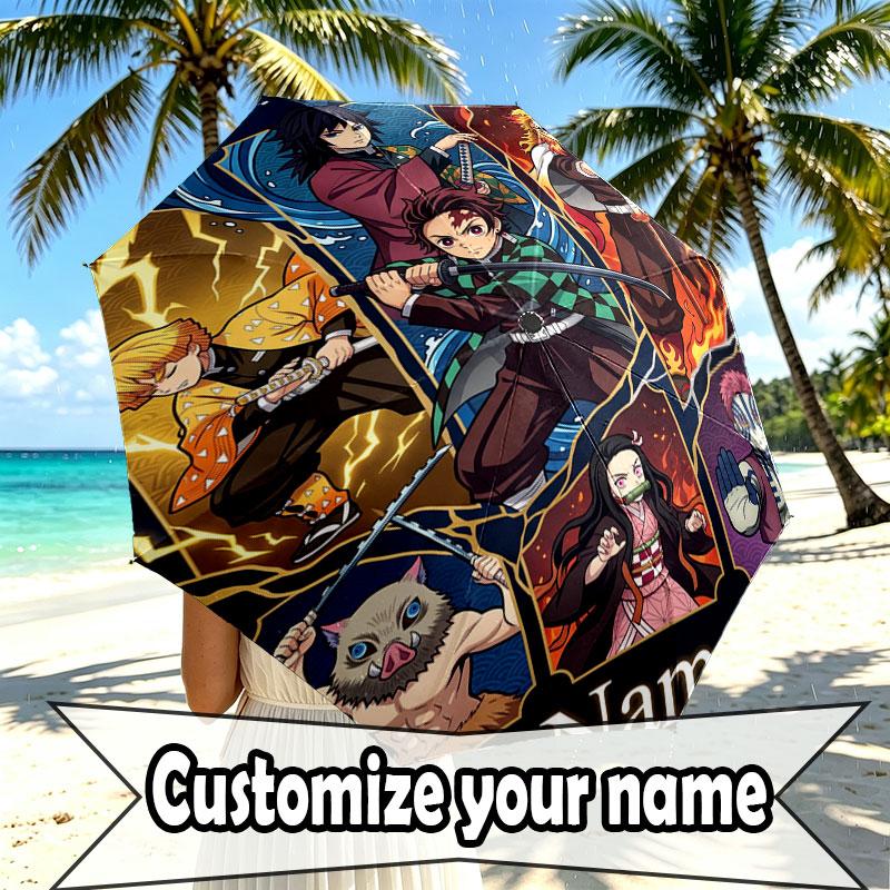 Custom Name Personalized Demon Slayer Print Umbrella, Auto Open Close, 8‑Rib Sturdy Frame, Commute Camping Hiking Use, Birthday Gift