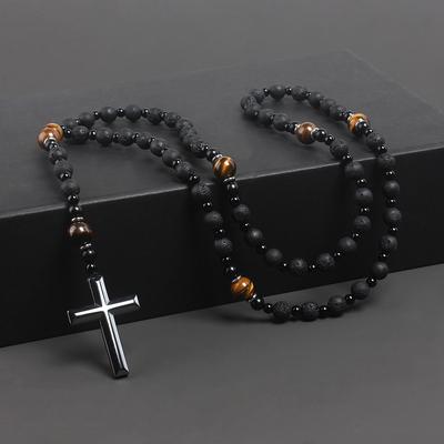 Natural Lava Stone Tiger-eye Beads Long Necklace with Hematite Cross Pendant for Men Rosary Jewelry