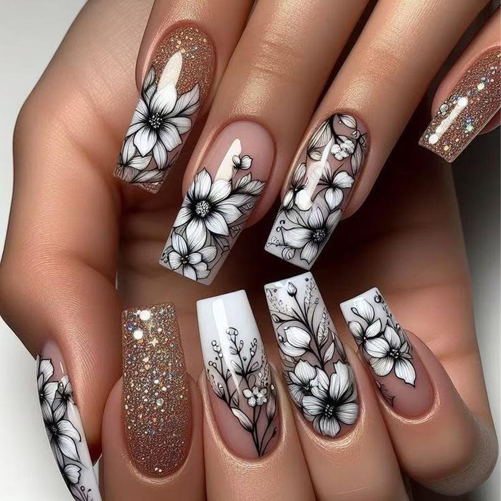24Pcs Long French Fake Nails with Glue Ballet False Nails Butterfly Rhinestone Design Press On Nails Wearable Coffin Nail Tips