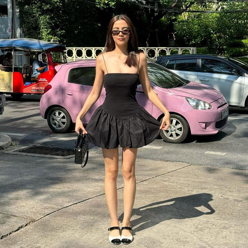 Women Black Strapless Suspender Evening Dress Bubble Mini Dress Plain Puff Short Dress Y2K Streetwear
