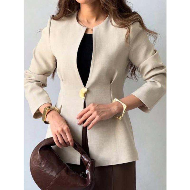 Women's Elegant Collarless Blazer Solid Color Single Button Office Casual Jacket