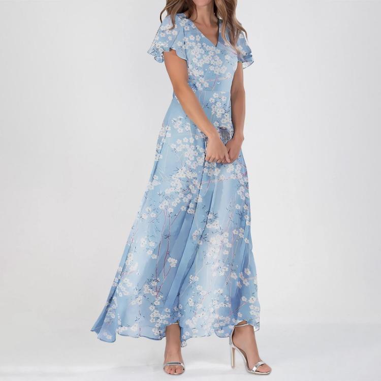 Maxikleider Lässig für Damen Sommer Elegant Süß Fließend Hochzeitsgast Kurzarm Chiffon Geblümte Kleider