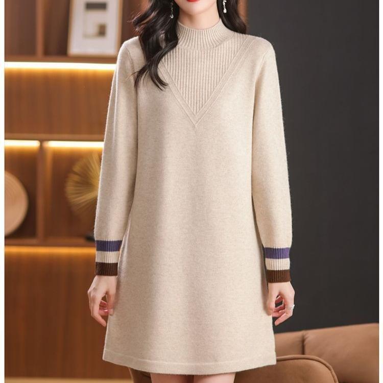 Mid-length Knitted Sweater Women's Fashion Solid Color Loose Large-sized Sweater Autumn and Winter Casual Half Turtleneck Pullover