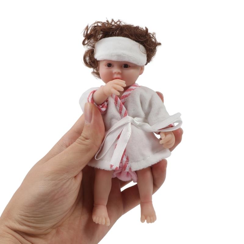 6'' Reborns Doll Mini Newborn Girl Doll Full Body Soft Silicone Life Like Doll with Brown Hair Realistic Doll Baby Toy