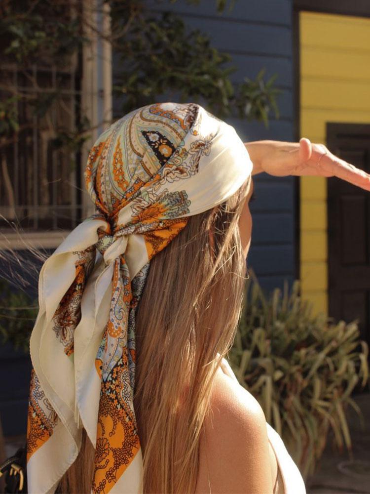 Lente Zijde Satijn Sjaal Dames Foulard Femme Neckerchief Elegante Bloemen Bandana Hoofdbanden Foulard Vrouwen Sjaal 90X90CM brown