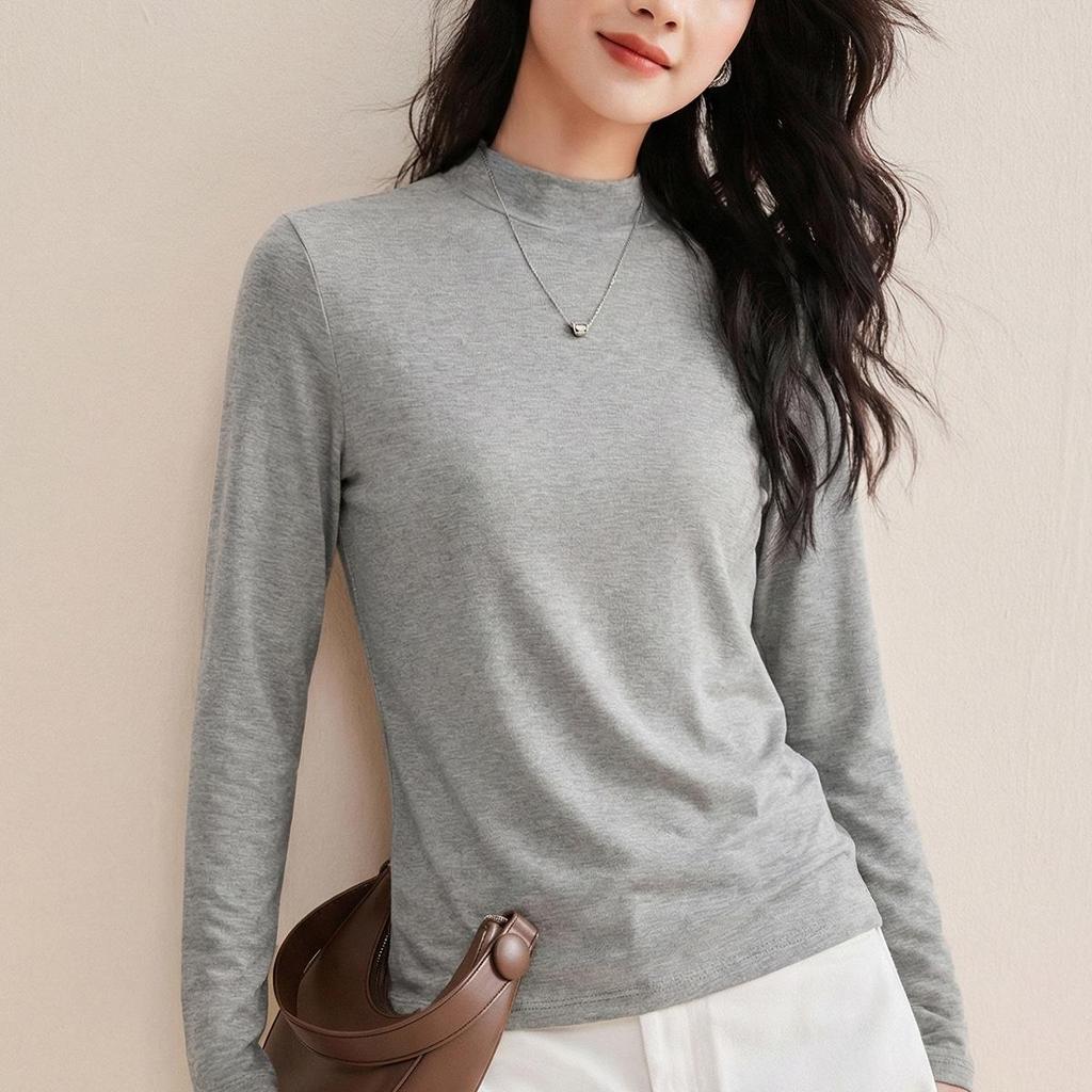 Women’s Tencel Wool Long Sleeve Stand Collar T-Shirt, Spring 2026, Thin White Base Layer, Set-in Shoulders