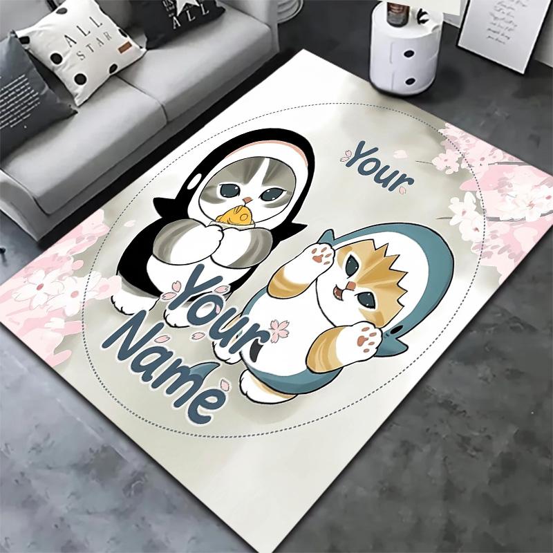 Penguin Cats Adventure Custom Name Carpet Rug For Living Room Bedroom Home Sofa Decoration Kids Play Nonslip Floor Mat