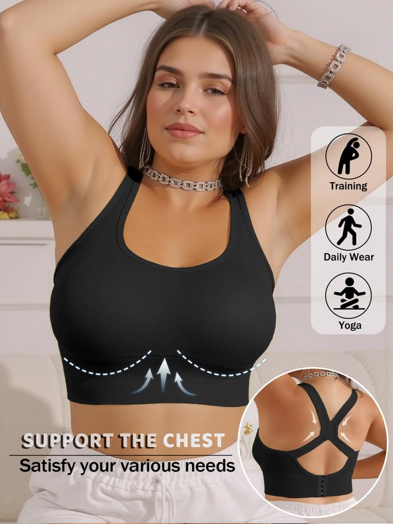 Plus Size Racerback Sports Bra for Women, High Support Wireless Workout Bra with Back Closure, Seamless Yoga Bra