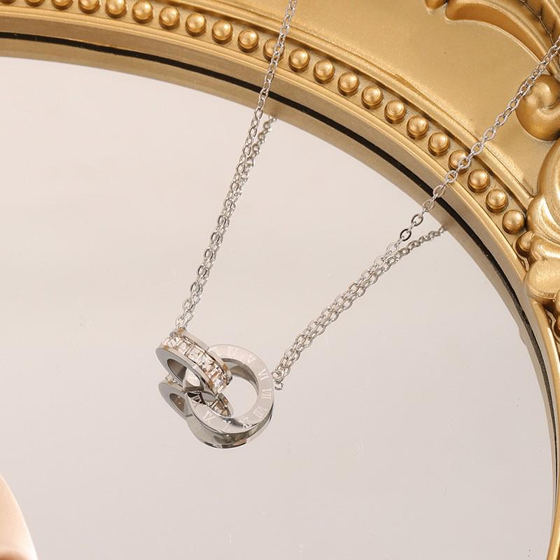 Trendy Japanese-Korean Roman Numeral Diamond Double Ring Necklace Women's Elegant Luxury Clavicle Chain Trio Set