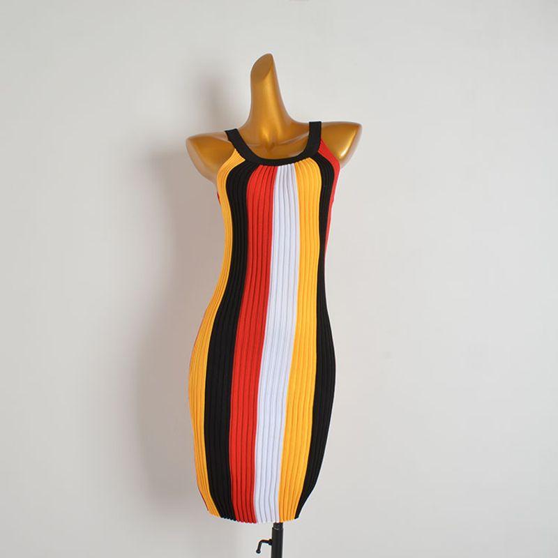 Summer New Round Neck Halterneck Stripes Sleeveless Vest Knitting Dress Women's Clothing Silm Slimming Inner Bodycon Dress